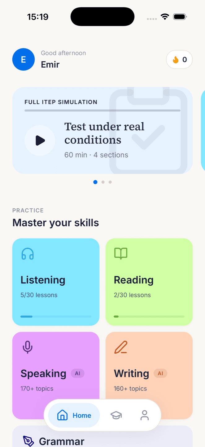 Runway English home screen showing a full iTEP simulation card and progress across the five practice skills