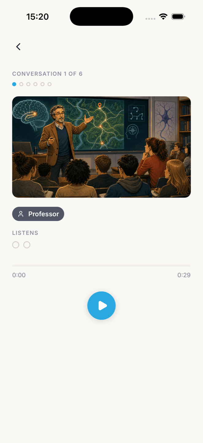 Listening player showing an illustrated lecture scene, a speaker label and the audio scrubber