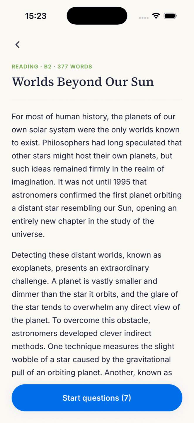 Reading passage screen with the article text and a Start questions button