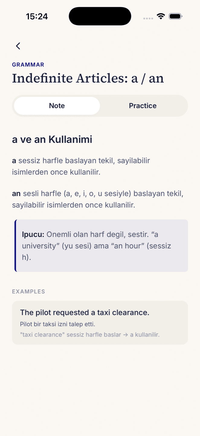 Grammar lesson screen explaining the articles a and an in Turkish, with a tip box and an aviation example sentence