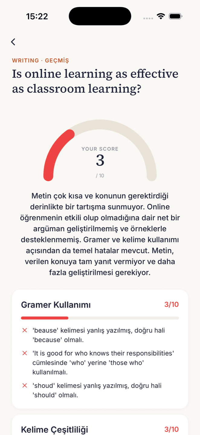 Writing result screen with a score of 3 out of 10 and grammar corrections in Turkish quoting the exact misspelled words from the essay